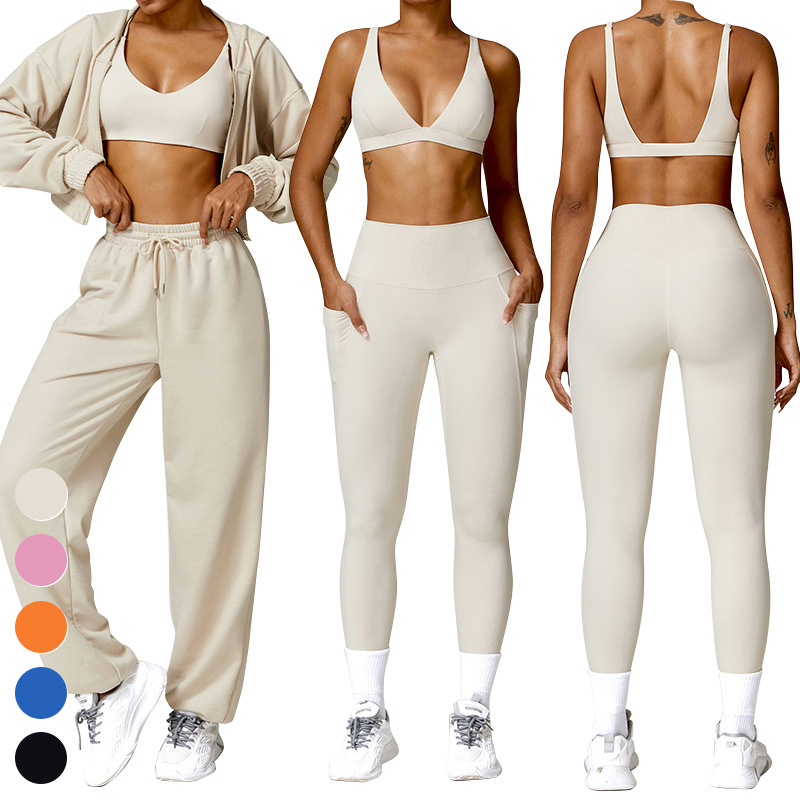 Women's Quick-Dry Sports Bra Leggings Hoody Sweatpants Gym Fitness Set Solid Pattern Yoga Suit-5 Piece Workout Wear · image 3