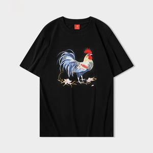 Camiseta Oversize Bordada con Gallo para Hombre, 100% Algodón Lavado, Estilo Jersey, Manga Corta, Estilo Chino, Streetwear - Product Image 1
