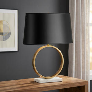 Modern Brass Table Lamp Beige Linen <b>Drum</b> <b>Shade</b> Gold Ring Base Marble Stand E27 LED 3500K Warm White AC 110V Switch Control - Product Image 3