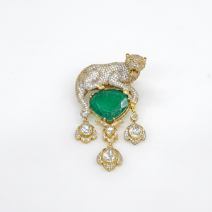 09635Mehandi Plated Jaguar Brooch Green Heart Stone and Pear CZ Look Brass Animal Brooch Jewelry for Wedding Gift Party Wear - Product Image 1