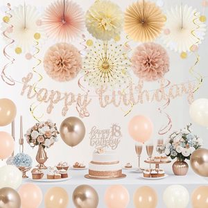 Décorations Bohèmes Beige Or Champagne pour Filles - 18ème <span class=keywords><strong>Anniversaire</strong></span> |   Ballon numéro 18, bannière, éventails en papier, pompons, <span class=keywords><strong>anniversaire</strong></span> 18 ans - Product Image 5