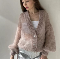 Cardigan ample et luxueux en mohair d'alpaga duveteux à col en V, léger et fin pour le printemps, pour femme, en acrylique, coupe ajustée, épaules dénudées