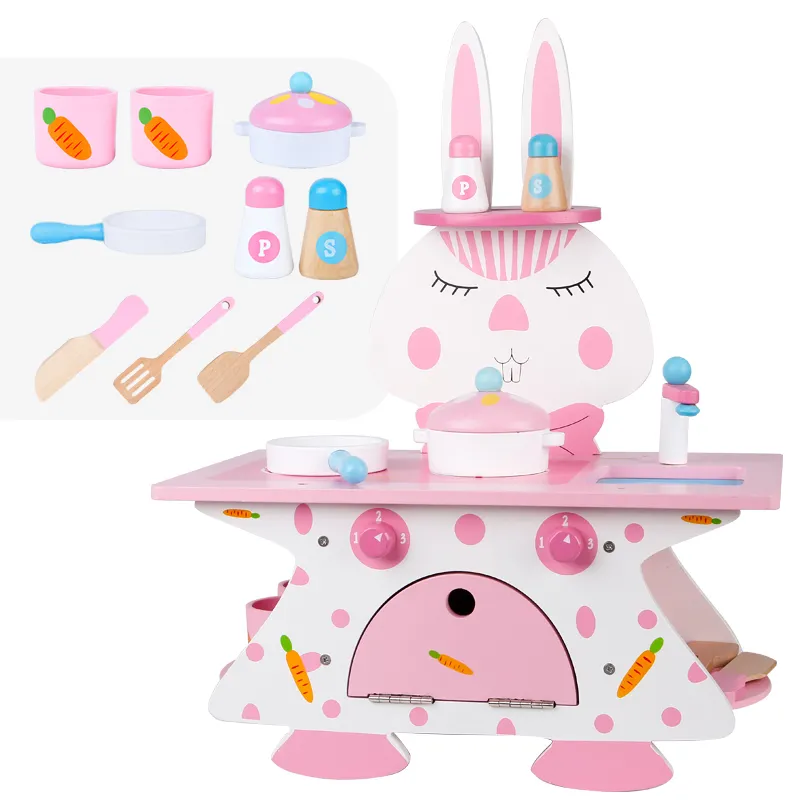 High-quality wooden pink rabbit cooking toy children's kit amazon role-playing wooden children's toys