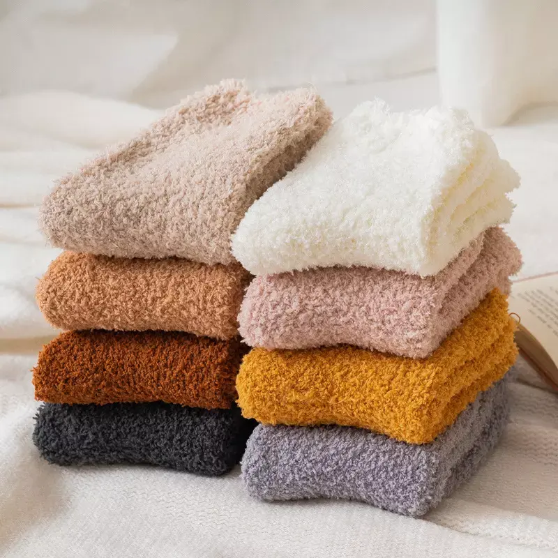 2023 winter coral fleece thick warm fluffy thermal logo design custom women sleeping fuzzy indoor floor socks