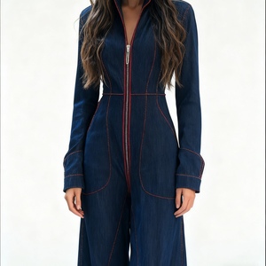 Combinaison décontractée pour femmes, nouvelle collection automne/hiver, coupe ajustée, col en V, grande taille, couleur unie, grande poche, tendance - Product Image 1