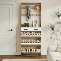 Porte-manteau moderne en bois d'ingénierie blanc 2 en 1, arbre mince avec tiroir à chaussures caché pour l'entrée et le couloir