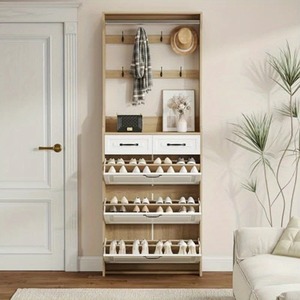 <span class=keywords><strong>Perchero</strong></span> de madera de ingeniería blanca moderna 2 en 1 árbol de salón delgado con y Zapatero de cajón abatible oculto para pasillo de entrada - Product Image 5