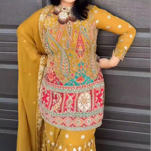 High Quality Traditional Yellow Sharara Suit Set Exotic Prints with <b>Gota</b> Laces Embroidery V-Neck Collar Casual Knitted Fabric - Product Image 1
