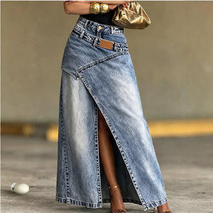 Nouvelle conception 2026 : Jupe longue en jean délavé avec patchwork superposé pour femme - Product Image 3