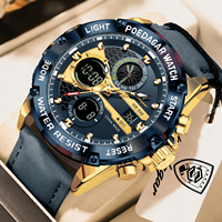 Jam Tangan Poedagar E125 Pria Dual Display Digital Analog Tahan Air Quartz Bercahaya Tali Kulit Arloji Olahraga untuk Pria
