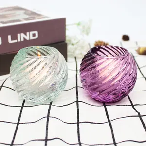 朗旭热卖光泽彩色球形透明玻璃水晶茶浅紫色浅蓝色蜡烛烛台