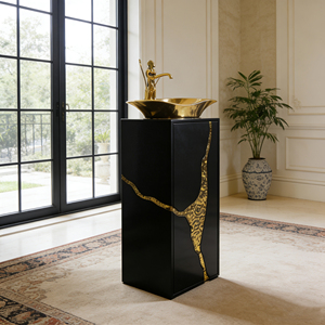 Lavabo su Colonna Artistico di Alta Gamma con Motivo Leopardato Dorato in Fibra di Vetro per Bagni di Lusso - Product Image 5
