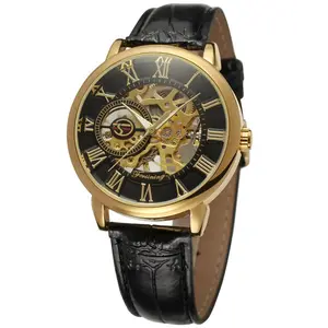 Forsining A099豪华机械骨架手表黑色金色3D直纹设计手表皮革手表