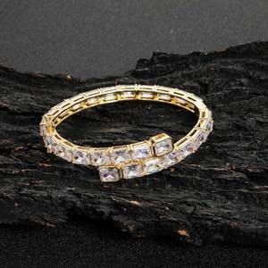 Luxury Full Eternity Baguette Cut Crystal Clear CZ Geometric Square Platinum Plated Adjustable Open <b>Bangle</b> - Product Image 3