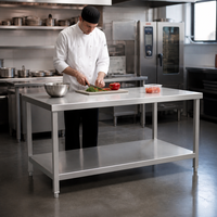 Table de travail de cuisine professionnelle à deux niveaux en acier inoxydable 304 personnalisée avec étagère, équipement de cuisine commercial autonettoyant