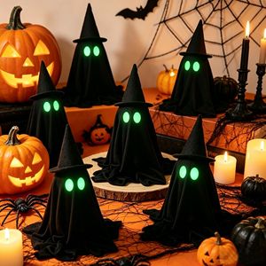 Figurine de table fantôme noir d'Halloween avec yeux verts lumineux et chapeau de sorcière, ornement de fête pour bureau - Product Image 2