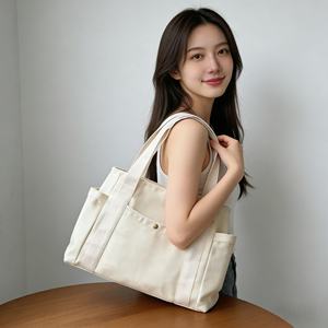 حقيبة تسوق قماشية صديقة للبيئة مطبوعة بشعار وحجم مخصص مع جيوب متعددة، حقائب حمل قطنية سادة للنساء لحمل البقالة على الكتف - Product Image 2