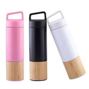 Bamboo Base Insulated Water <b>Bottle</b>, Stainless Steel Vacuum <b>Flask</b> with Handle Lid - Product Image 1