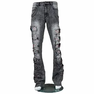 Wangsheng Garments人気ブランドのジーンズは、ペイントスプラッターウォッシュドカーペンターパンツスタックフレアジーンズ男性をカスタマイズします