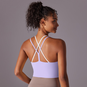 Wholesale Contrast Crisscross <b>Back</b> Longline Yoga Bra Padded Women Seamless Workout Sports Crop <b>Top</b> Slim Fit Fitness Activewear - Product Image 2