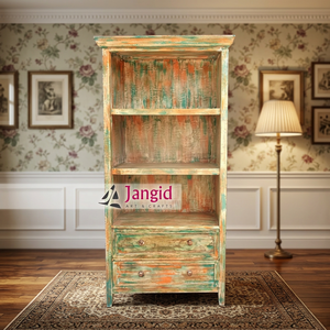 Étagère ouverte en bois massif indien peint et vieilli avec 3 étagères et 2 tiroirs, meuble de maison pour chambre d'hôtel - Product Image 4