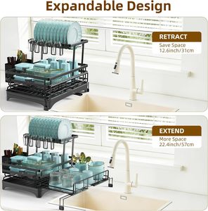 New 2 Tier Extendable Sink <b>Dish</b> Drying <b>Rack</b> Drainer Black Rustproof Steel <b>Dish</b> Strainer With Utensil Holder for Kitchen Counter - Product Image 2