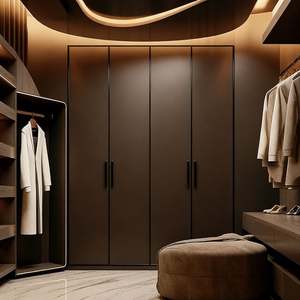 Balom Modern Luxury Curved Glass Walk in Closet <b>Wardrobe</b> Dark Wood Finish Bedroom <b>Wardrobe</b> With LED Lighting Custom Design - Product Image 2