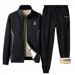Chándal deportivo informal de moda con cuello levantado, conjunto de chándal de dos piezas con cremallera de algodón 100% para hombre de invierno - Product Image 1