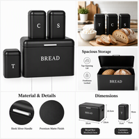 Boîte à pain moderne en métal noir, ensemble de rangement de cuisine 4 pièces avec des boîtes à thé, café et sucre