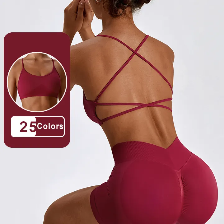 Custom Fabrics Nylon Spandex Backless Crop Tops Gym Women Stretch Strappy Yoga Running Workout Push Up Adjustable Sports Bra