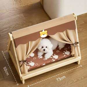 Lit pour animaux de compagnie en bois de pin massif, design moderne et luxueux, avec coussin en tissu Oxford et matelas en éponge, design de dessin animé tendance, forme triangulaire - Product Image 3