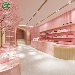 เคาน์เตอร์โชว์เครื่องสำอางทรงกลมสีชมพูสามชั้นแบบตั้งพื้นพร้อมฝาครอบกระจกสำหรับร้านขายเครื่องสำอางแบบกำหนดเอง - Product Image 5