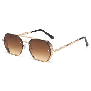 <b>Sunglasses</b> Women Metal Frame <b>Gold</b> Color UV400 Protection Type 3 Sunshades Fashion <b>Chain</b> Temple Design - Product Image 3