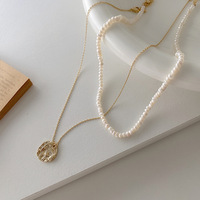 Collier de perles naturelles en acier inoxydable avec pendentif pièce irrégulière, double couche, bijoux pour femme, usage quotidien et soirées