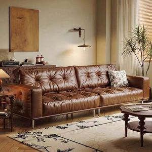 <span class=keywords><strong>Grand</strong></span> canapé sectionnel en cuir ciré du milieu du siècle dossier fixe 100 ° inclinable cadre fendu design salon spacieux - Product Image 2