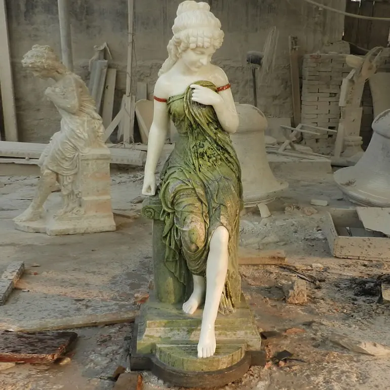 Escultura grande de piedra de jardín para mujer, escultura de estatua de mármol, piedra verde, tamaño real