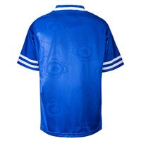 Maßgeschneidertes Retro-Fußballtrikot Blau-Weiß V-Ausschnitt Doppelter Streifenkragen Kurzarm Vintage-Trikot Herren Großhandel Fabrik