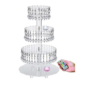 5-שכבה עגול אקריליק עוגת מעמדי חתונת Cupcake מחזיק קינוח תצוגת עם קריסטל תליון Led אור מחרוזת