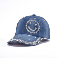 Casquette de baseball en jean, chapeau de soleil polyvalent à visière incurvée pour les voyages en extérieur, casquette trucker pour couple avec strass, chapeaux personnalisés fabriqués en usine