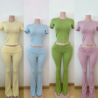 Set Pakaian Wanita Musim Gugur 2026, Atasan Lengan Panjang Kerah Kotak, Celana Flare, Loungewear Wanita, Set Celana 2 Potong, Set Santai