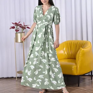 V-neck Women Lady Elegant Loose Dress Green Casual Bohemian Floral Printed Belted Large Swing Full Length Maxi Dress For Women