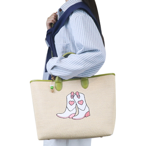Bolso de Mano de Viaje de Verano para Mujer, Tejido de Paja con Tela de Cuero PU Personalizada, Bolso de Playa con Logotipo Bordado Trenzado - Product Image 2