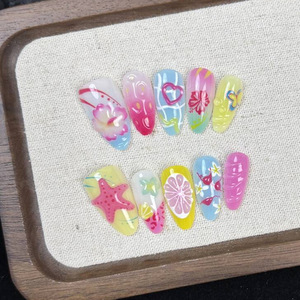 Unghie Finte 3D Artigianali Estive da Spiaggia, Forma a Mandorla, Design Floreale Rosa Blu Macaron, Fragola, Stella Marina, Riutilizzabili - Product Image 3
