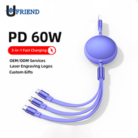 Câble de charge rapide rétractable portable 3 en 1 3A USB A vers Type C Micro USB Cordon de chargeur convivial pour les voyages