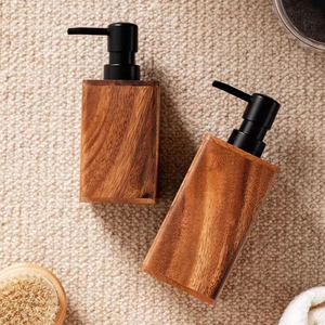 Distributeur de lotion en bois de noyer, flacon vide rechargeable pour shampoing, savon, gel douche, organisateur de comptoir de salle de bain pour hôtel - Product Image 2