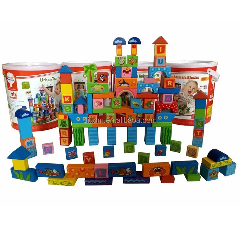 100pc Holz Smart Town Blocks Spielzeug DIY Farm Animal Xylary Blocks Spielzeug für Kinder