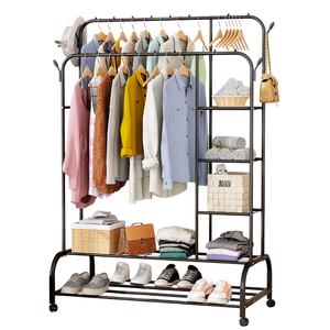New Metal Double Pole Clothes Rack Floor Standing Hanging Laundry Multifunctional Movable Clothes Rack With Hooks - Product Image 1