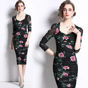 Elegant Square Collar Roses Print Spandex Mesh Tight Fitting Pleated Sheath Dress in Black