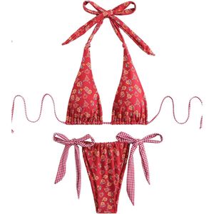 FOXA Women's 2 Piece Floral Plaid Halter <b>Bikini</b> <b>Set</b> With Bowknot Side Ties Stretch Swimwear - Product Image 1