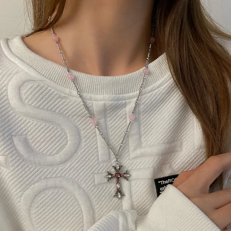 HOVANCI New Gothic Pink Cross Necklace Y2K Black Pink Zircon Punk Pendant Clavicle Chain Necklace Urban